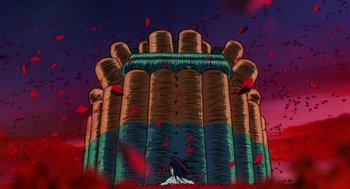 Movie still from “Revolutionary Girl Utena: The Movie” (1999), directed by Katsushi Sakurabi – An illustration of a castle with a person standing in front of it; Extreme Wide shot, Low angle