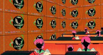 Movie still from “Revolutionary Girl Utena: The Movie” (1999), directed by Katsushi Sakurabi – A room with a lot of orange walls and some pink hair; Extreme Wide shot, High angle