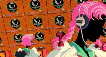 Movie still from “Revolutionary Girl Utena: The Movie” (1999), directed by Katsushi Sakurabi – A person wearing a pink wig; Extreme Close Up shot, Low angle