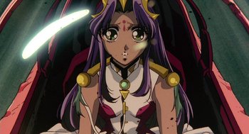 Movie still from “Revolutionary Girl Utena: The Movie” (1999), directed by Katsushi Sakurabi – A woman with purple hair and green eyes; Close Up shot, Low angle
