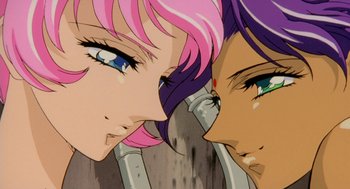 Movie still from “Revolutionary Girl Utena: The Movie” (1999), directed by Katsushi Sakurabi – Two anime girls face to face; Close Up shot, Low angle