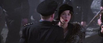 Movie still from “Richard III” (1995), directed by Richard Loncraine – A man and a woman in military uniforms; Close Up shot, Over the shoulder angle