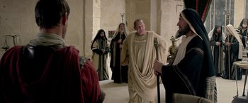 Movie still from “Risen” (2016), directed by Kevin Reynolds – A group of people dressed up in ancient clothing; Medium shot, Over the shoulder angle