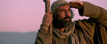 Movie still from “Risen” (2016), directed by Kevin Reynolds – A man with a beard holding a wooden stick; Close Up shot, Low angle