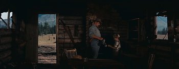 Movie still from “River of No Return” (1954), directed by Otto Preminger – A man and a woman standing next to each other in a room; Wide shot, Low angle