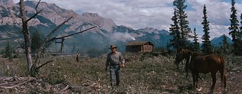 Movie still from “River of No Return” (1954), directed by Otto Preminger – A man standing in the middle of a field with mountains in the background; Wide shot, Low angle