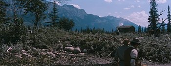 Movie still from “River of No Return” (1954), directed by Otto Preminger – A person standing on top of a hill next to a forest; Wide shot, Over the shoulder angle