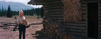 Movie still from “River of No Return” (1954), directed by Otto Preminger – A pile of wood sitting next to a pile of logs; Wide shot, Low angle