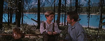 Movie still from “River of No Return” (1954), directed by Otto Preminger – A man and a young boy standing next to each other in the woods; Medium shot, Over the shoulder angle