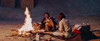 Movie still from “Road Games” (1981), directed by Richard Franklin – A man and a woman sitting next to a dog; Wide shot, High angle