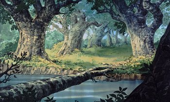 Movie still from “Robin Hood” (1973), directed by David Hand – A painting of trees and a body of water; Extreme Wide shot, High angle