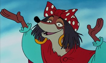 Movie still from “Robin Hood” (1973), directed by David Hand – A cartoon of a dog wearing a red polka dot hat; Close Up shot, Low angle