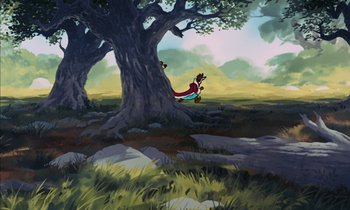 Movie still from “Robin Hood” (1973), directed by David Hand – An animated scene of a tree with a person sitting on it; Extreme Wide shot, High angle