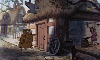 Movie still from “Robin Hood” (1973), directed by David Hand – An animated picture of a man in a brown robe; Wide shot, High angle