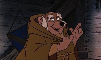 Movie still from “Robin Hood” (1973), directed by David Hand – A cartoon of a bear wearing a brown robe; Close Up shot, Low angle
