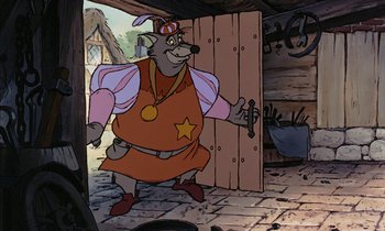 Movie still from “Robin Hood” (1973), directed by David Hand – A cartoon of a mouse dressed as a woman; Medium shot, Over the shoulder angle