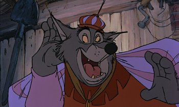 Movie still from “Robin Hood” (1973), directed by David Hand – A cartoon character with his hand up; Medium shot, Low angle