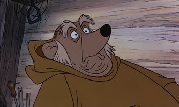 Movie still from “Robin Hood” (1973), directed by David Hand – A cartoon bear's face; Close Up shot, Over the shoulder angle