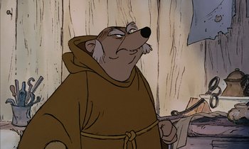 Movie still from “Robin Hood” (1973), directed by David Hand – A cartoon of a bear wearing a monk's robe; Close Up shot, Over the shoulder angle