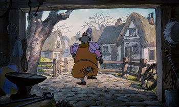 Movie still from “Robin Hood” (1973), directed by David Hand – A painting of a person walking down a street; Wide shot, Over the shoulder angle