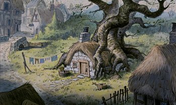 Movie still from “Robin Hood” (1973), directed by David Hand – An illustration of a tree and a house in the middle of a field; Wide shot, Low angle