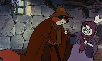 Movie still from “Robin Hood” (1973), directed by David Hand – A painting of a fox wearing a hat and holding a cane; Medium shot, Low angle