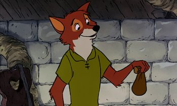 Movie still from “Robin Hood” (1973), directed by David Hand – A cartoon picture of a fox holding a bag; Medium shot, Over the shoulder angle