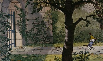 Movie still from “Robin Hood” (1973), directed by David Hand – A painting of a tree in the middle of a garden; Wide shot, Low angle