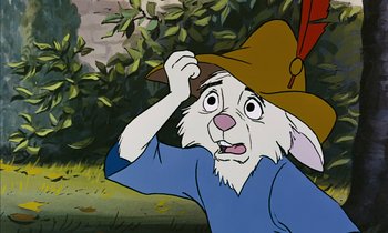 Movie still from “Robin Hood” (1973), directed by David Hand – An animated rabbit is holding his head in his hands; Close Up shot, Over the shoulder angle