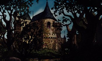 Movie still from “Robin Hood” (1973), directed by David Hand – A painting of an old castle with trees in the foreground; Extreme Wide shot, Low angle