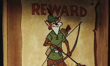 Movie still from “Robin Hood” (1973), directed by David Hand – A drawing of an animal holding a bow and arrow; Medium shot, High angle