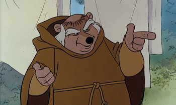 Movie still from “Robin Hood” (1973), directed by David Hand – A cartoon bear wearing a monk's robe and giving a thumbs up; Close Up shot, High angle