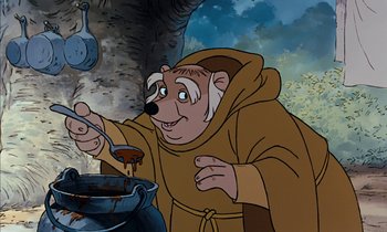 Movie still from “Robin Hood” (1973), directed by David Hand – A cartoon of a bear in a robe stirring something in a pot; Close Up shot, Low angle