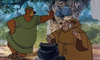 Movie still from “Robin Hood” (1973), directed by David Hand – A painting of a man and a dog cooking food; Medium shot, Low angle