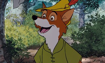 Movie still from “Robin Hood” (1973), directed by David Hand – A picture of a cartoon dog wearing a hat; Close Up shot, Low angle