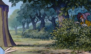 Movie still from “Robin Hood” (1973), directed by David Hand – A painting of a forest with trees in the background; Extreme Wide shot, High angle