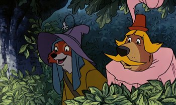 Movie still from “Robin Hood” (1973), directed by David Hand – A painting of a dog and a fox in a forest; Close Up shot, High angle
