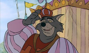 Movie still from “Robin Hood” (1973), directed by David Hand – A painting of a wolf wearing a crown and holding a sword; Medium shot, Low angle