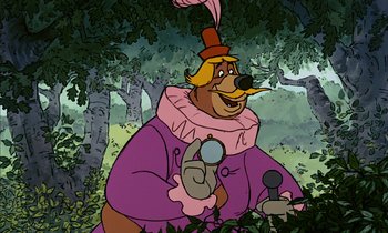 Movie still from “Robin Hood” (1973), directed by David Hand – A cartoon of a man in a clown outfit; Medium shot, Over the shoulder angle