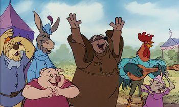 Movie still from “Robin Hood” (1973), directed by David Hand – A group of cartoon characters standing next to each other in a field; Wide shot, Low angle