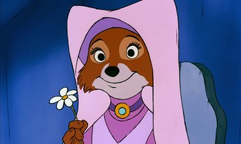 Movie still from “Robin Hood” (1973), directed by David Hand – A cartoon of a dog holding a white flower; Close Up shot, Low angle