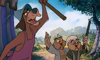 Movie still from “Robin Hood” (1973), directed by David Hand – A group of cartoon characters are playing baseball; Medium shot, Low angle