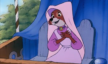Movie still from “Robin Hood” (1973), directed by David Hand – A cartoon of a dog wearing a purple robe; Medium shot, Over the shoulder angle