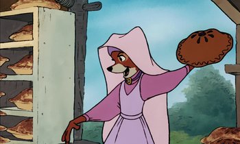Movie still from “Robin Hood” (1973), directed by David Hand – A painting of a woman in a purple dress holding a baseball bat; Medium shot, Low angle