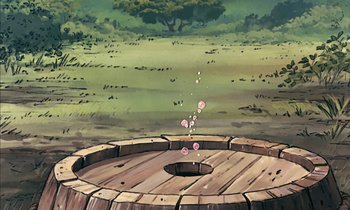 Movie still from “Robin Hood” (1973), directed by David Hand – An image of an animated scene with a tree in the background; Wide shot, High angle