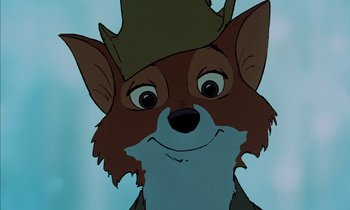 Movie still from “Robin Hood” (1973), directed by David Hand – A cartoon fox wearing a green hat; Close Up shot, Low angle