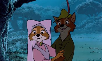 Movie still from “Robin Hood” (1973), directed by David Hand – A couple of people that are standing next to each other; Close Up shot, Low angle