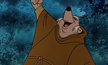 Movie still from “Robin Hood” (1973), directed by David Hand – A cartoon of a man in a brown robe; Close Up shot, Low angle