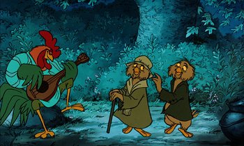 Movie still from “Robin Hood” (1973), directed by David Hand – A group of cartoon characters walking through the woods; Wide shot, High angle