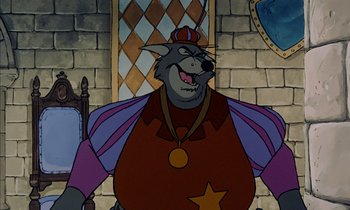 Movie still from “Robin Hood” (1973), directed by David Hand – A cartoon of a wolf wearing a red shirt and a star on it's chest; Medium shot, Over the shoulder angle